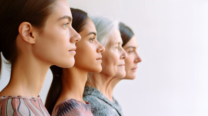 Women's Equality Day, Girls power, diversity, feminism, concept with diverse women faces. Many diverse women of different ages, nationalities and religions come together.