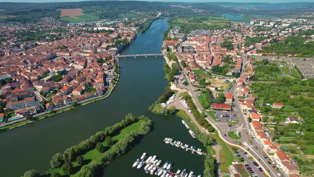 Aerial view around the old town of the city Pont-a-Mousson in France