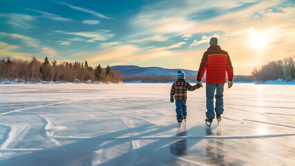 Father and son ice skating on an outdoor skating rink. - obrazy, fototapety, plakaty