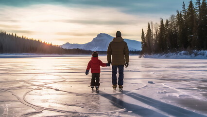 Father and son ice skating on an outdoor skating rink. - obrazy, fototapety, plakaty