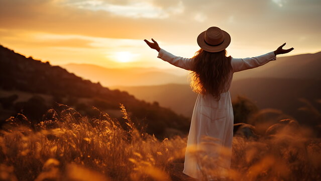 Woman standing in autumn meadow at sunset in nature.