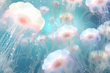 Gently transparent pink jellyfish on a blue background. Abstract background of marine flora and fauna, aquatic and underwater world. Sea life concept.