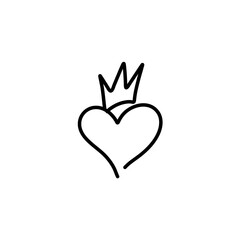 Hand drawn crowned hearts. Doodle princess, king and queen crown on heart, sketch love crowns. 