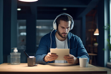 Serious man with headphones listening online lesson on his tablet while sitting at desk with books and notebooks
