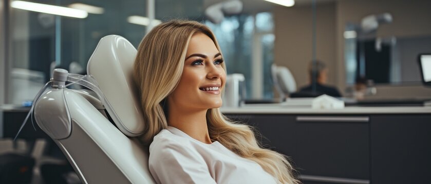 dentist woman using a microscope in a contemporary dental clinic getting ready for a dental procedure with a male patient.