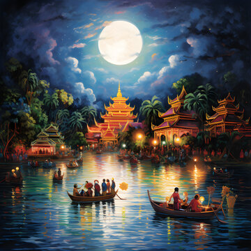 Art pictures, ancient temples, religion, floating boats, people participating in the Loy Krathong tradition. Generative AI
