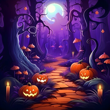 
cartoon background pictures Halloween festival, purple tones with cute Halloween pumpkins. Generative AI