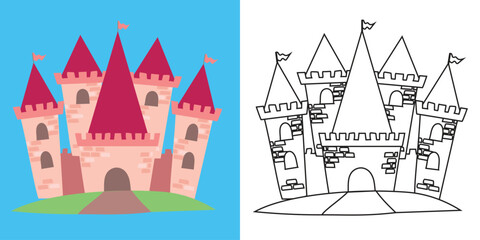 Colouring cute fairytale kingdom character. Coloring the kingdom castle. Simple colouring page for kids. Fun activity for kids. Educational printable coloring worksheet. Vector illustration.