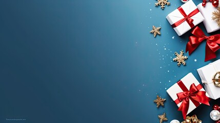 Christmas gift boxes over blue
