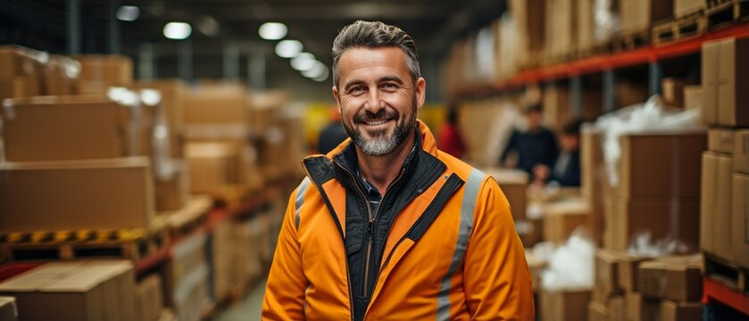 Man In Warehouse Working In Full Shot.