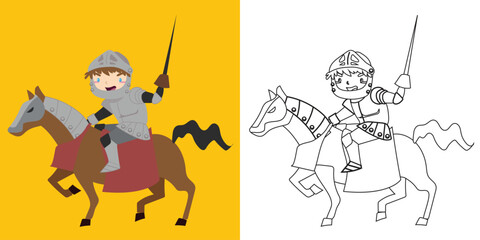 Colouring cute fairytale kingdom character. Coloring the knight riding the horse. Simple colouring page for kids. Fun activity for kids. Educational printable coloring worksheet. Vector illustration.