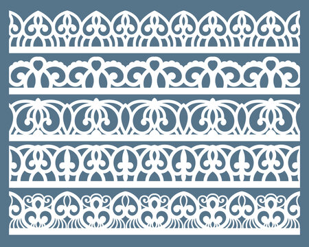 Vector set of lace border vignettes, suitable for laser cutting. Vintage flourish ornaments, cutout paper decoration	