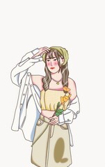 Drawing of a woman wearing a yellow cropped shirt and skirt, standing holding a flower.