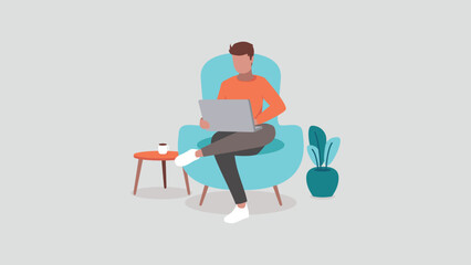 A European man sits on a sofa and works relaxed in his home office