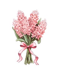 Bouquet of pink hyacinths tied with pink ribbon isolated on white background in watercolor style.