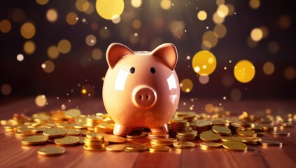 Gold piggy bank with coins background.
