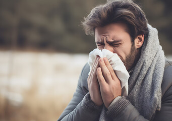 Sick man got Flu, man Caught Cold. Sneezing into napkin. Generative AI - obrazy, fototapety, plakaty
