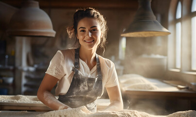 Baker woman smiling in bakery, making bread with wheat. Generative AI - obrazy, fototapety, plakaty