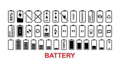 Battery icon set. battery charge level. battery Charging icon.Battery charge level indicators icons set. battery charge level. battery Charging icon. Vector illustration