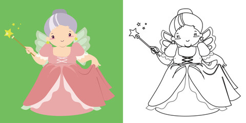 Colorings sheet a fairy tale medieval kingdom black and white the fairy godmother. Vector outline fantasy monarch kingdom. Medieval fairytale an ancient church cartoon.