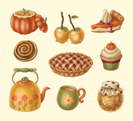 Set of autumn food. Cozy illustration of the cute hand drawn food and drinks on the beige background.