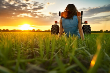 Naklejka na ściany i meble Young woman farmer weeding grass on wheat farm in background of blurred wheat farm on tractor with beautiful sunset sky. Production concept of agriculture and farmers.