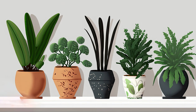 Collection of various houseplants displayed in ceramic pots with transparent background Photo.