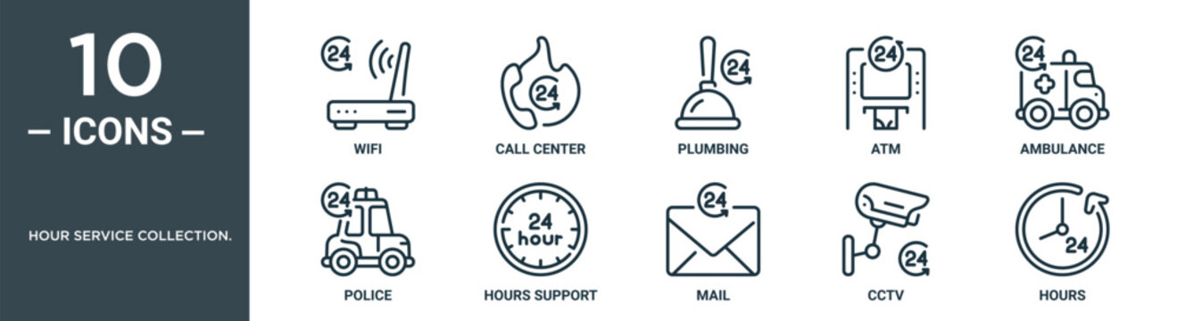 Hour Service Collection. Outline Icon Set Includes Thin Line Wifi, Call Center, Plumbing, Atm, Ambulance, Police, Hours Support Icons For Report, Presentation, Diagram, Web Design