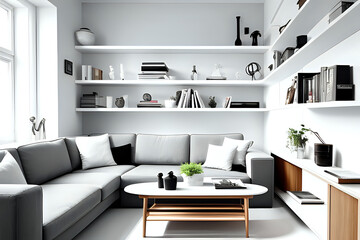 Modern minalist living room with book shelf and white calm gentle composition