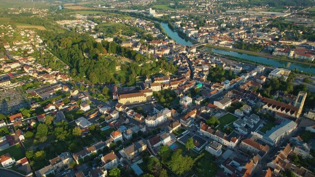 Aerial view around the old town of the city Chateau-Thierry in France