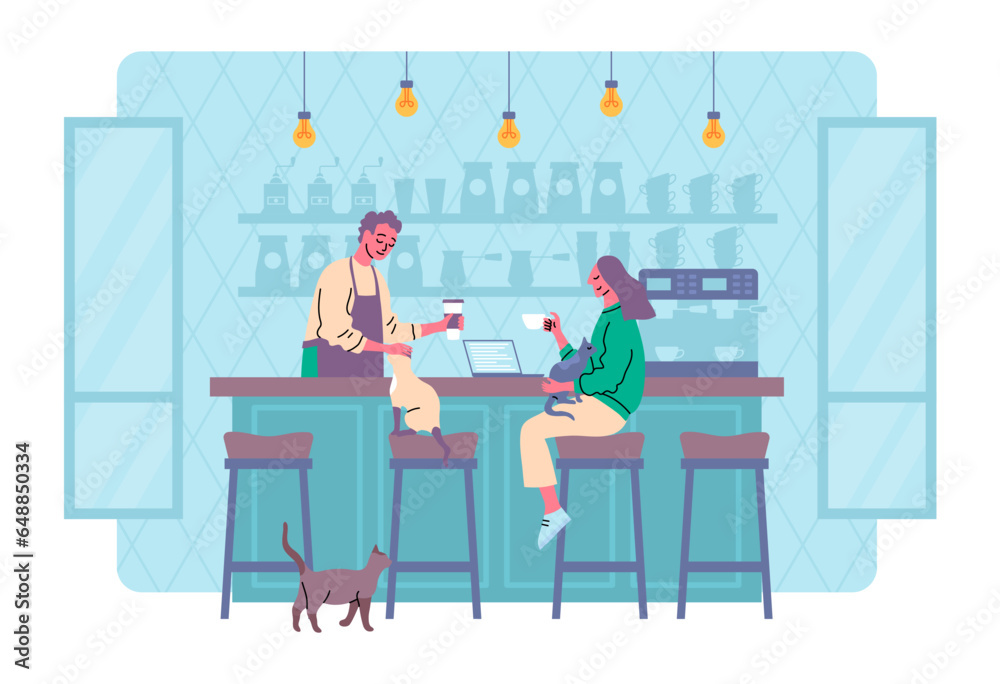 Canvas Prints Cartoon Color Characters People and Cozy Pet Friendly Coffee Shop Interior Inside Scene Concept. Vector illustration