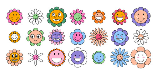 Cartoon Color Groovy Flower Characters Daisy Set Concept Flat Design Hippie Sixties Seventies Style. Vector illustration