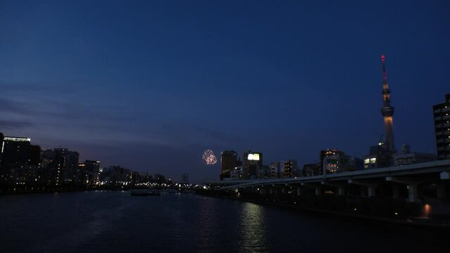 TOKYO, JAPAN - 29 JULY 2023 : View of FIREWORKS at Sumidagawa Firework Festival. Japanese summer season concept 4K video.