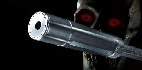 Red eyed skull with a suppressor