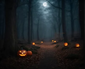 Tuinposter spooky halloween pumpkin in the forrest © Artworld AI
