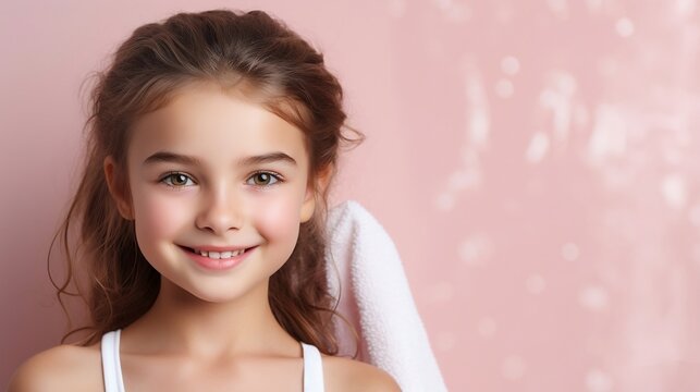 Portrait of a cute little girl with long hair on a pink background.