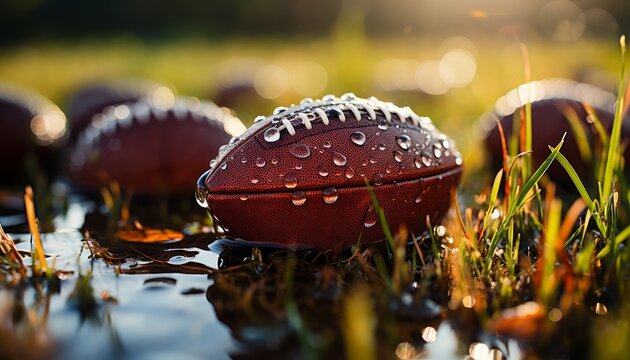 closeup shot of Football on Field with water drops