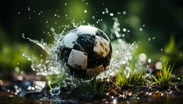 soccer ball splashing on water in stadium