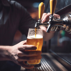 Closeup of man's hands pouring a cold mug of beer on a tap in a bar