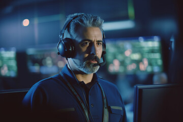 Portrait of a Middle Aged Logistics Officer Wearing a Headset, Working in a Central Office Hub for Delivery Operations, Control and Monitoring for Managing International Fleet of Drivers