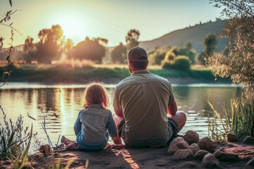 Family fishing by the riverbank, surrounded by nature's beauty.