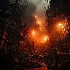 Spooky Halloween Misty Street with Ruins, Lanterns 3d illustration high quality halloween