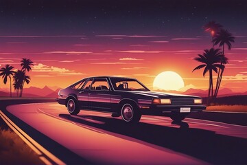 Fototapeta na wymiar 80s style illustration with car driving into sunset