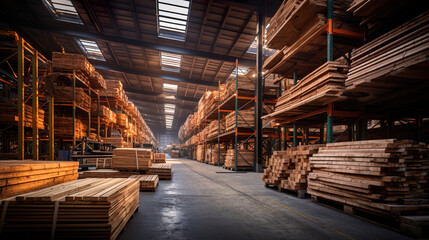 Warehouse with timber - obrazy, fototapety, plakaty