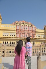 tourist couple at Hawa mahal , Jaipur, Rajasthan 