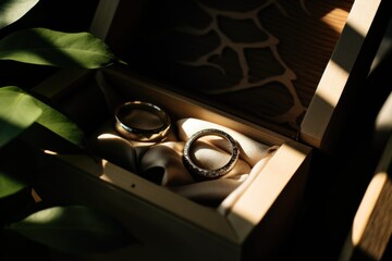 Wedding rings on a wooden box with of leaves