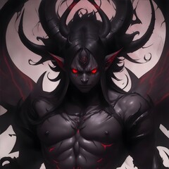 Infernal majesty: A fearsome black devil with ominous wings commands the camera with malevolent intensity.