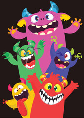 Сartoon monsters set. Halloween party invitation or poster design with different creatures celebrating. Vector illustration. Great for children holiday.