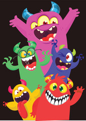 Сartoon monsters set. Halloween party invitation or poster design with different creatures celebrating. Vector illustration. Great for children holiday.