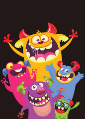 Сartoon monsters set. Halloween party invitation or poster design with different creatures celebrating. Vector illustration. Great for children holiday.